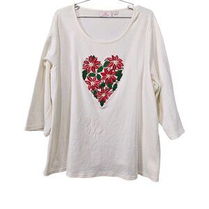 🏆Quacker Factory Embroidered Holiday Poinsettia 3/4 Sleeve Cream Top